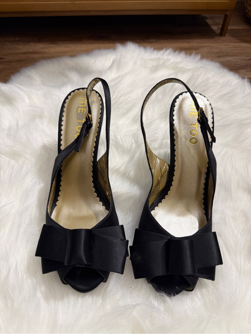 Me Too Jeanette Black Satin Bow Slingback Heels Size 8M